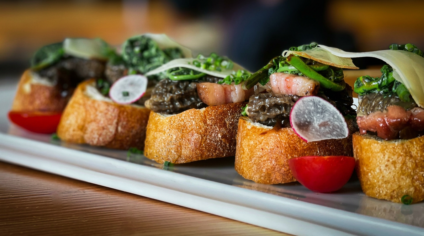 House-made bruschetta with morels, pancetta and shaved radish on toasted sourdough