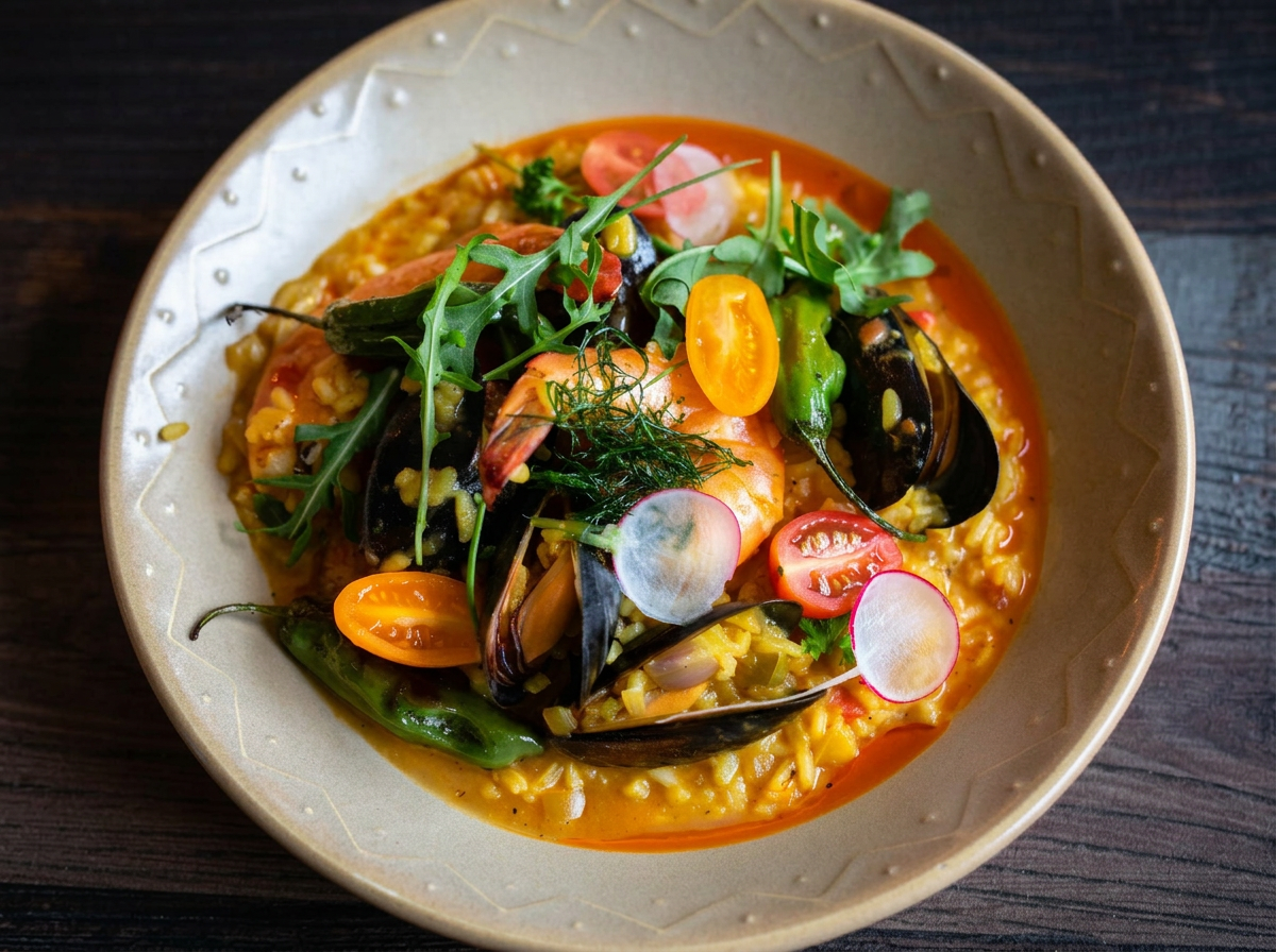 Saffron mussel and prawn risotto with heirloom tomatoes and arugula