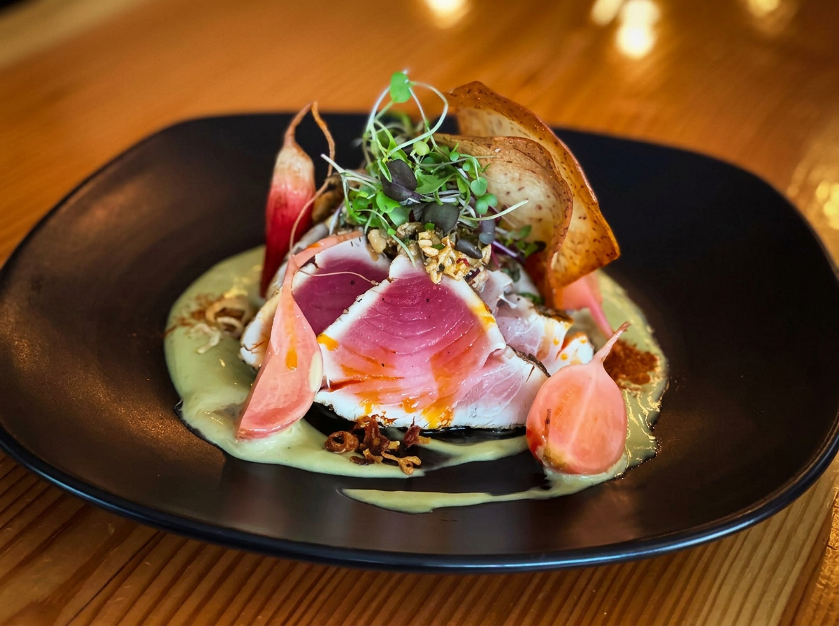 Seared albacore tuna with pickled beets, microgreens and avocado purée