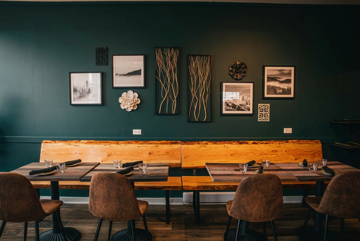 The Bella Soriah dining room — warm bordeaux walls, live-edge wood benches, and gallery wall art in soft evening light